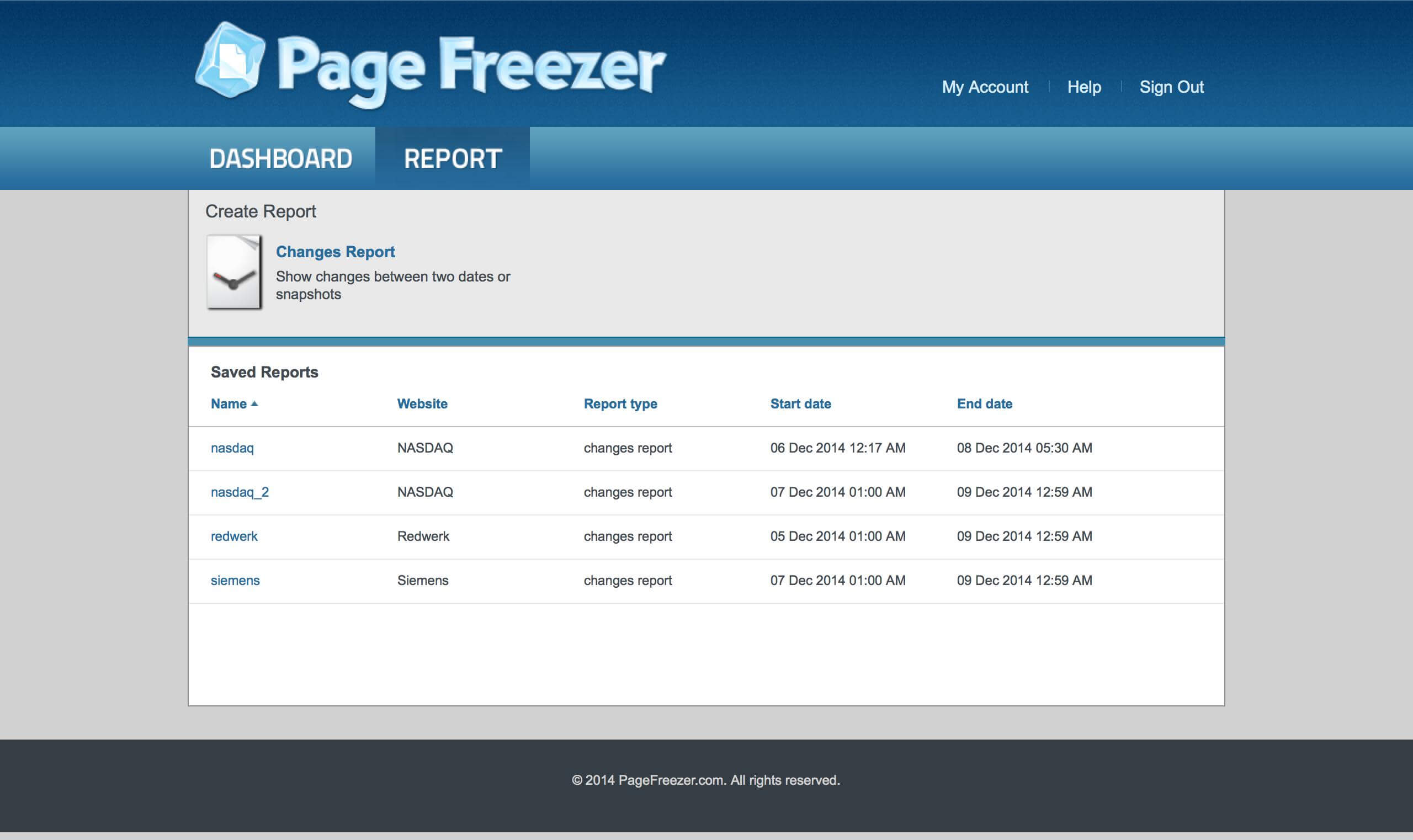PageFreezer - website archiving tool. Report list