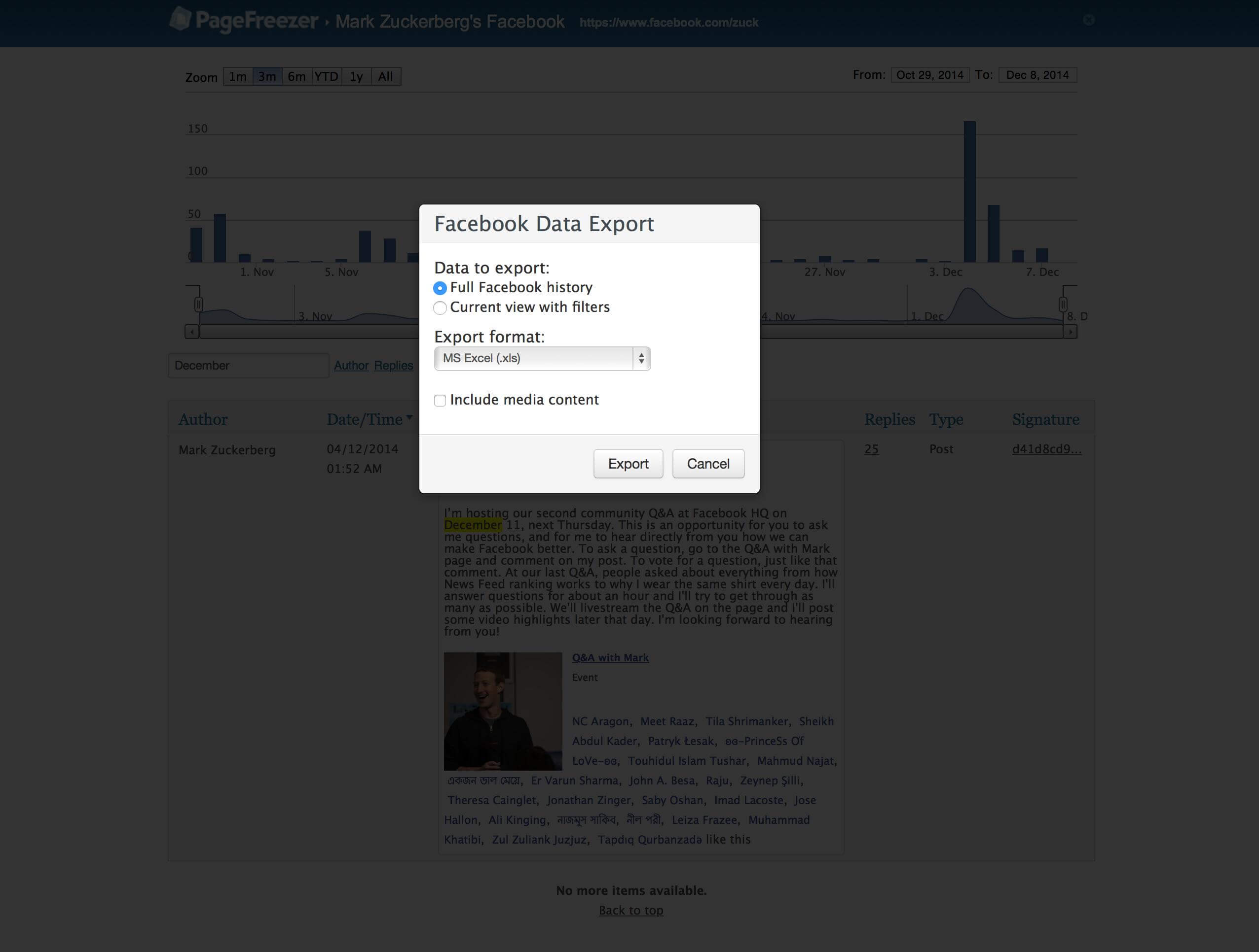 PageFreezer archive tool - social media data export feature