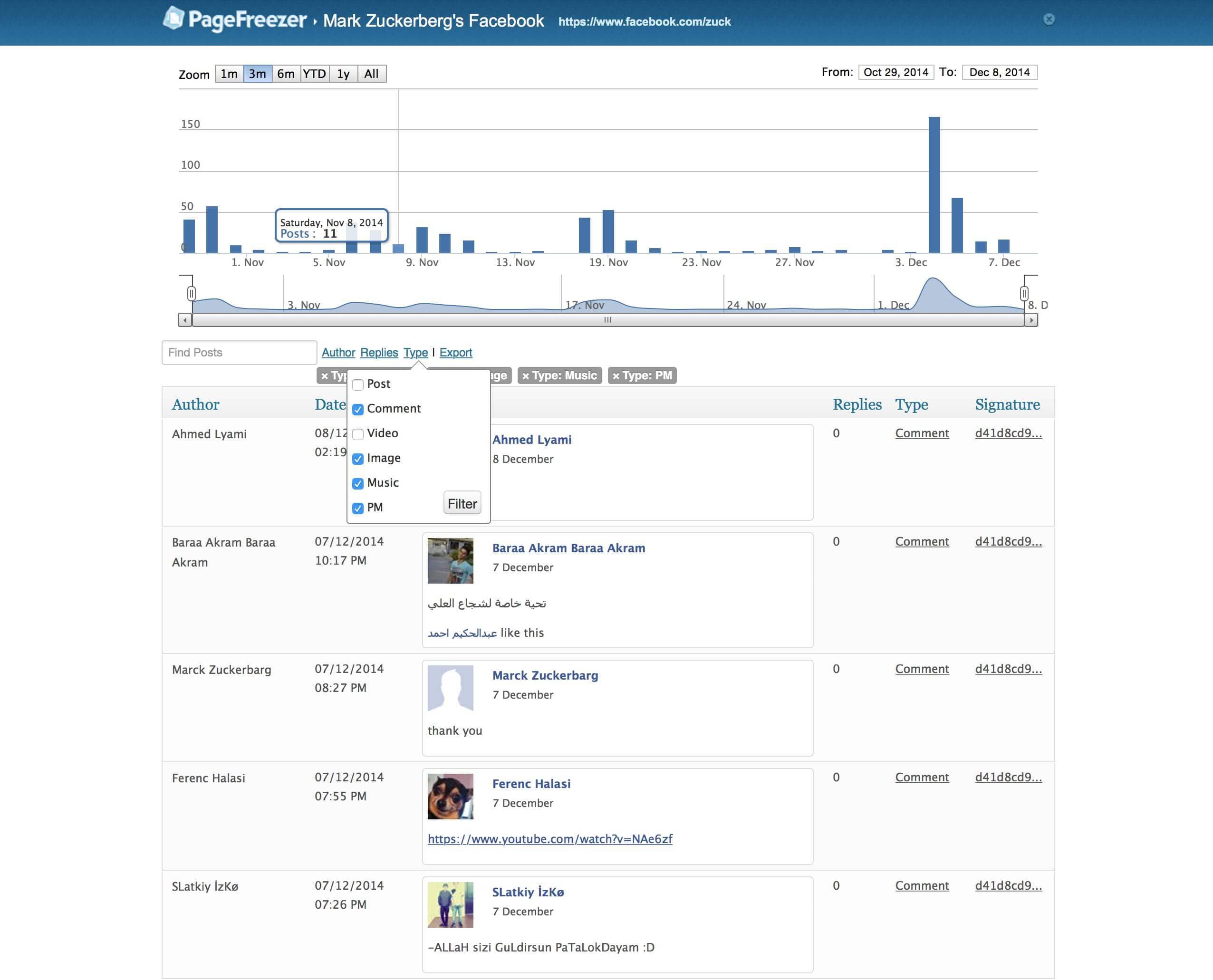 PageFreezer social media archive tool screenshot