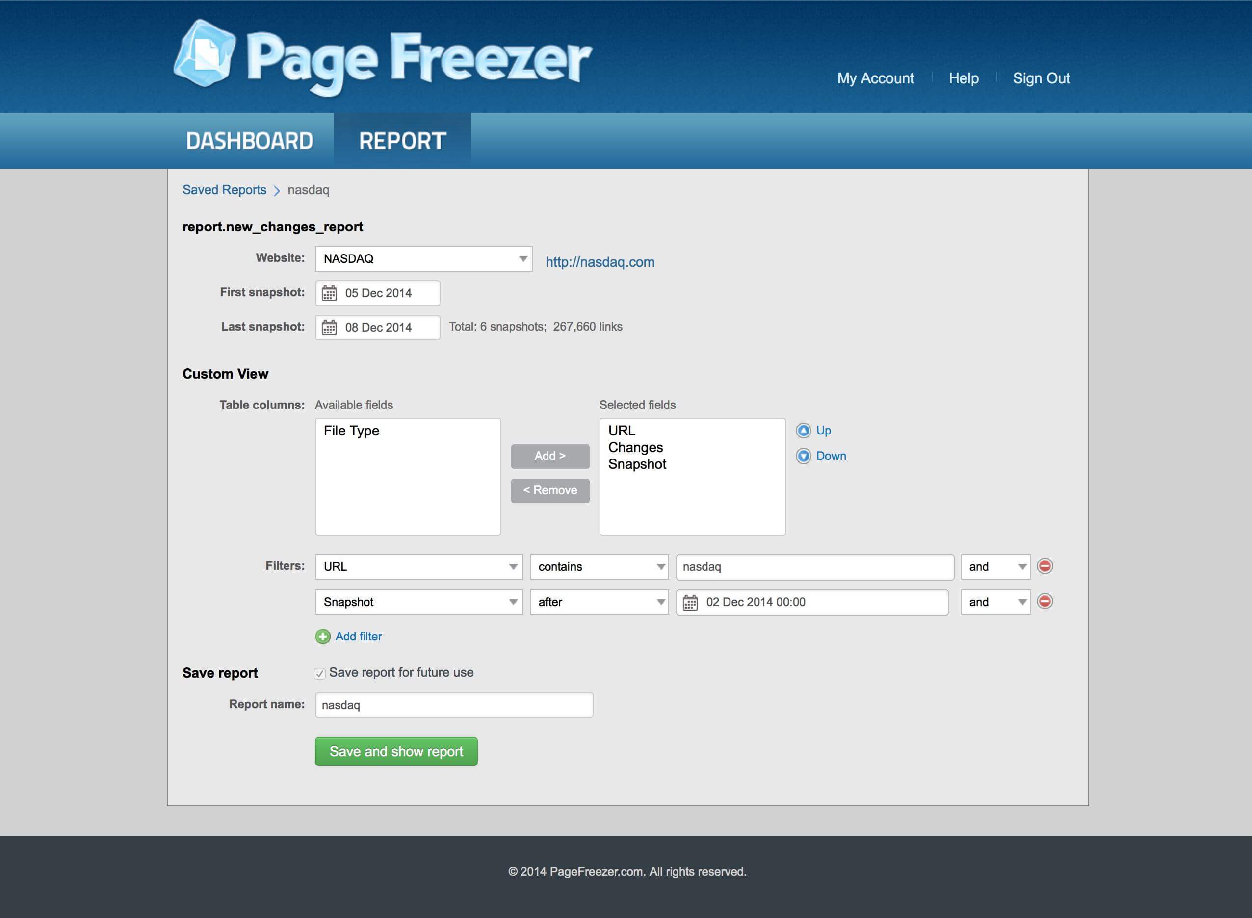 PageFreezer - website archiving tool. Report