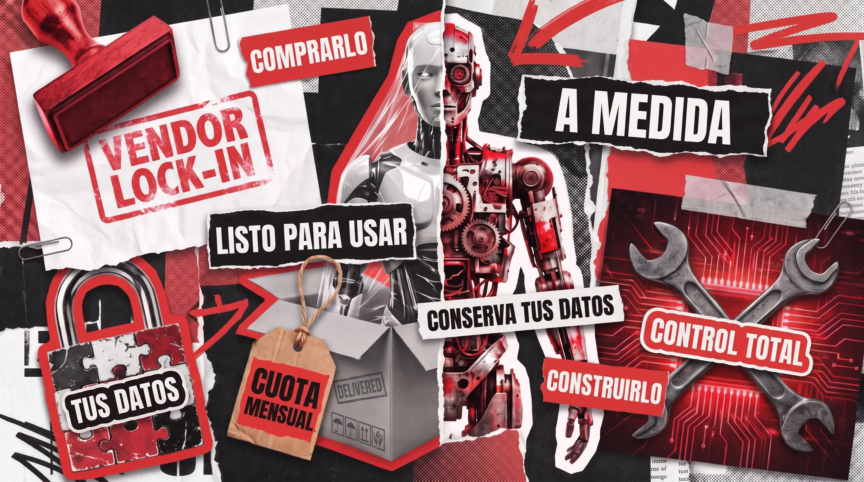 Collage rojo y negro rasgado: un robot humanoide partido por la mitad, con carcasa blanca lisa por un lado y maquinaria roja al descubierto por el otro, entre un sello de dependencia del proveedor, un candado hecho de piezas de puzle, una caja entregada con una etiqueta de cuotas mensuales y dos llaves inglesas cruzadas sobre un circuito.