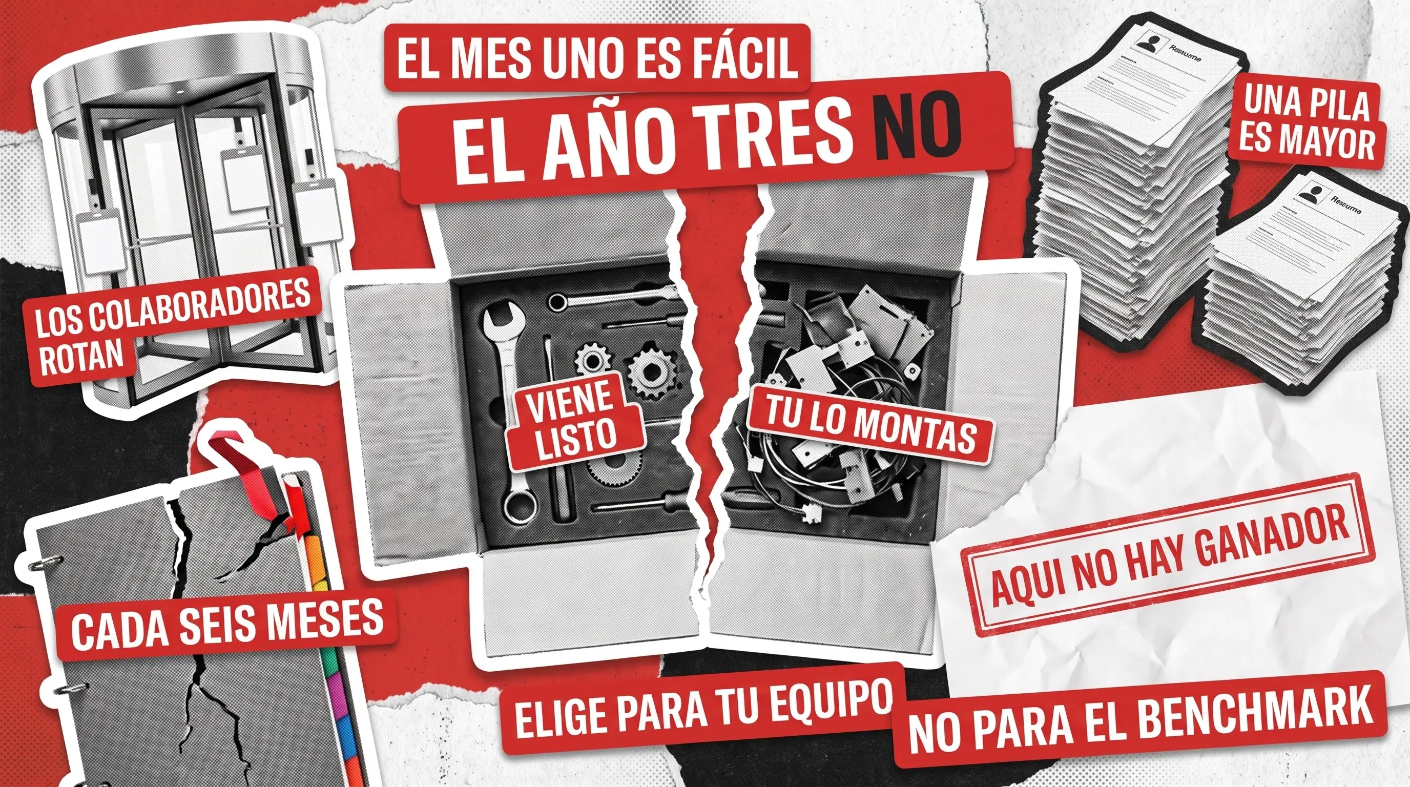 Collage rojo y negro rasgado: dos cajas abiertas una al lado de la otra, una con herramientas bien ordenadas y la otra con piezas y cables sueltos, junto a una puerta giratoria, una carpeta de anillas agrietada y dos montones desiguales de currículos, con un sello que dice que aquí no hay ganador.