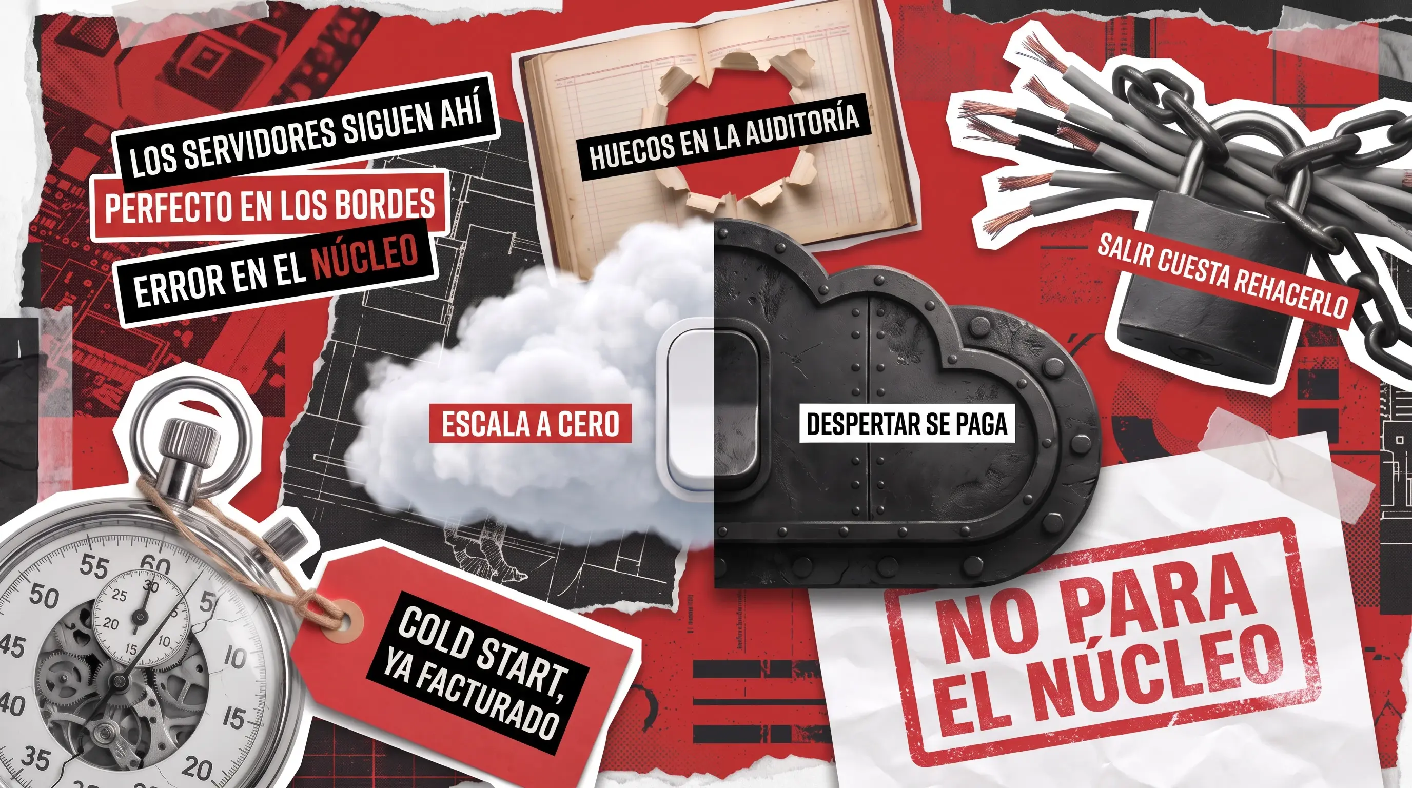 Collage rojo y negro partido por la mitad: una nube que escala a cero a un lado y una nube blindada que cobra por despertar al otro, con un libro de auditoría agujereado, un candado encadenado y un cronómetro etiquetado por los arranques en frío.